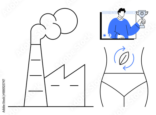 Factory producing emissions, digital health with body outline and arrows, and online trophy for achievement. Ideal for environment, health, fitness, digital success, motivation, awards online