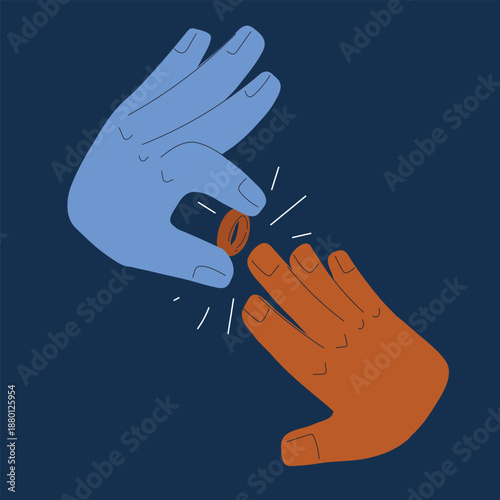 Cartoon vector illustration of one hand putting a ring on another hand, engagement, wedding and love concept