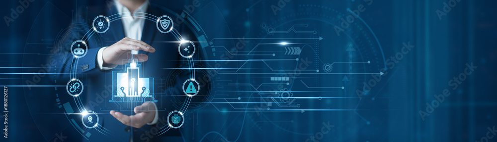Naklejka premium Businessman hand hold smart city platform, urban iot infrastructure, intelligent transportation systems, energy management technology, digital urban planning, sustainable business solutions