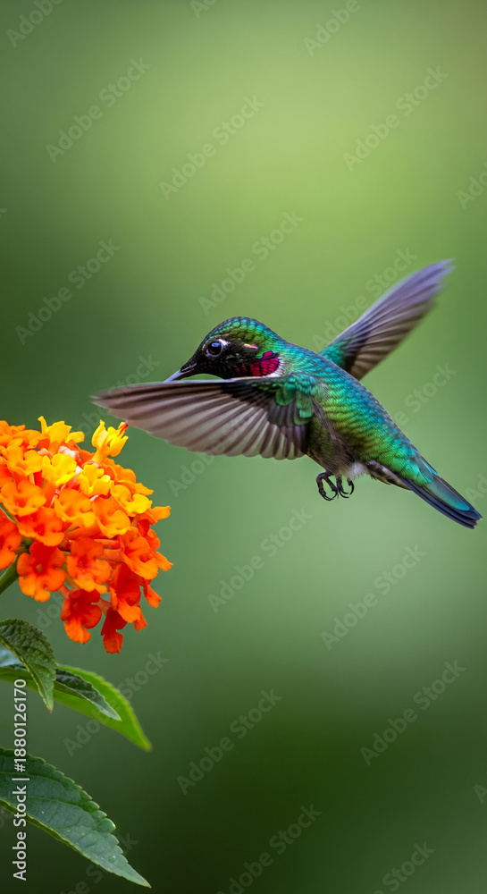 Fototapeta premium Vibrant hummingbird with iridescent plumage flits near orange flower, showcasing beauty and fragility of nature, highlighting nectar dependency