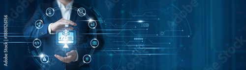 Cuadro en lienzo Businessman hand hold software development, agile coding platform, application p