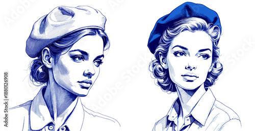 Vintage sketches of women wearing blue and white berets for Bastille Day  