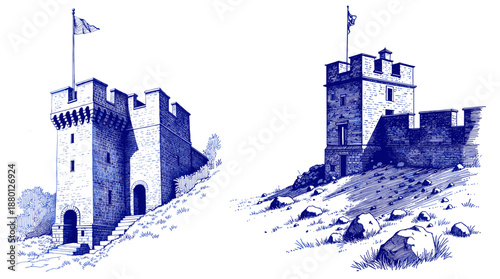 Vintage sketch of stone fortresses in blue ink for Bastille Day  