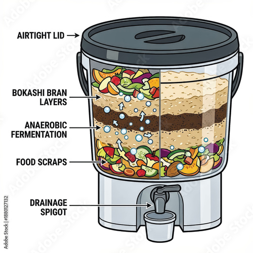  Detailed cross-section diagram of a Bokashi composting bin. It explains the process of layering food scraps with Bokashi bran to achieve anaerobic fermentation. Vector illustration