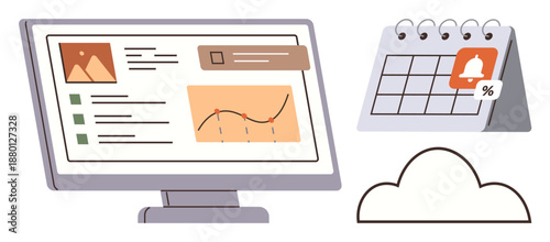 Project management, data tracking, remote work, cloud computing, productivity tools, digital workflow. Screen displaying stats, calendar with notification cloud icon. Data tracking and remote work