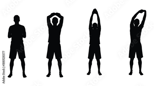 Silhouettes demonstrate a stretching sequence showing progressive body extension and flexibility
