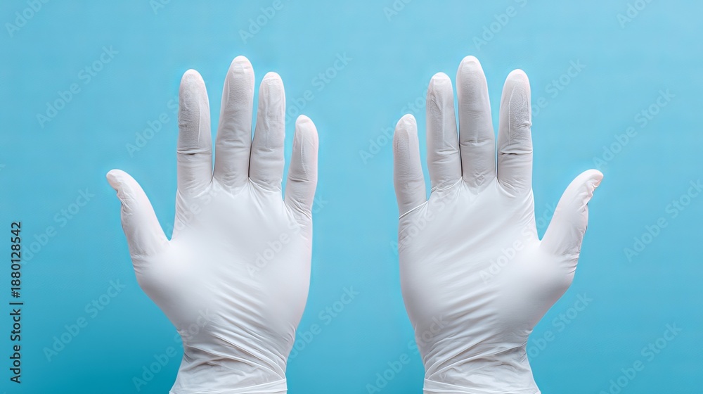Fototapeta premium White medical gloves open palms against a bright blue background, offering protection and safety during work