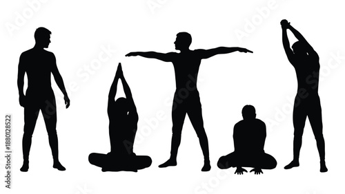 Silhouettes depicting various yoga poses and human figures in meditative stances
