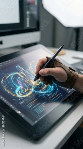 Digital Artist Using Stylus Tablet for Creative AI Assisted Design, Close Up.