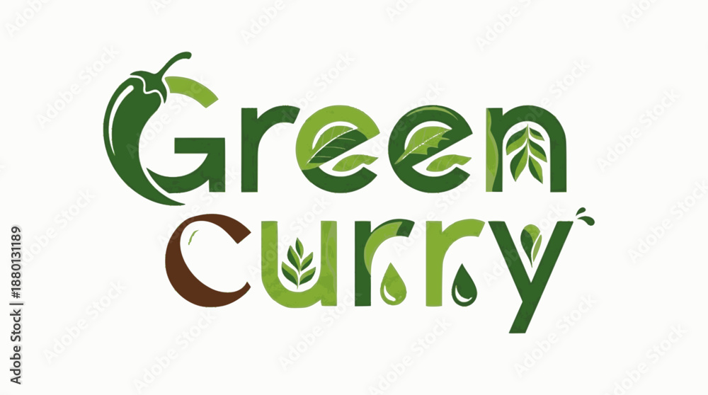 Fototapeta premium Fresh green curry word design on white background frame