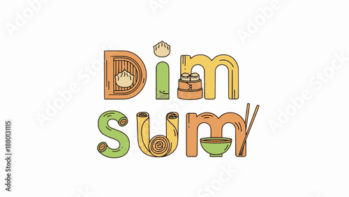 Cute dim sum typography featuring dumplings and bowls