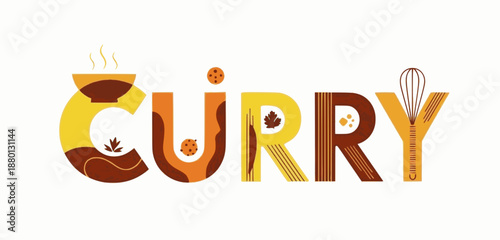 Aromatic curry word art with bowl and whisk motifs