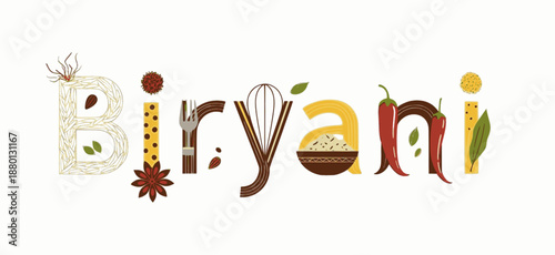 Exotic biryani typography using bowl and chili motifs