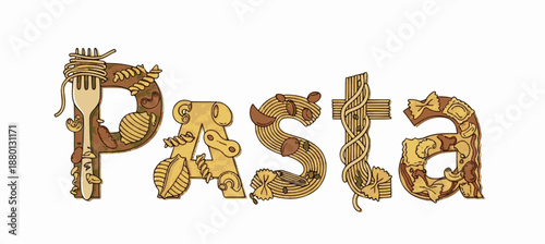 Savory pasta word art featuring pizza like toppings