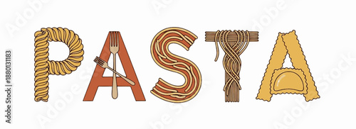Golden pasta typography with crossed fork and strands