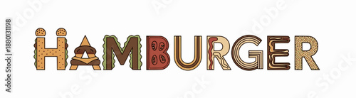 Juicy hamburger word art featuring burger stack motifs