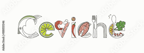 Zesty ceviche illustration using fish and vegetable motifs