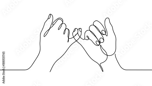Minimal continuous one line illustration of two hands making a pinky promise gesture. Simple black line art symbolizing trust, commitment, friendship, and connection.