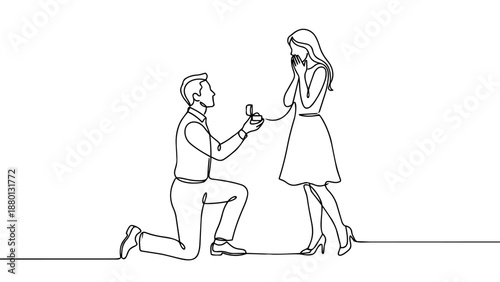 Minimal continuous one line illustration of a man kneeling and proposing marriage to a surprised woman. Simple black line art symbolizing love, commitment, romance, and life partnership.