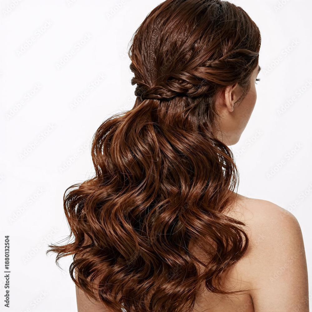 Fototapeta premium Subject: A long, wavy ponytail with brown hair isolated against a white background