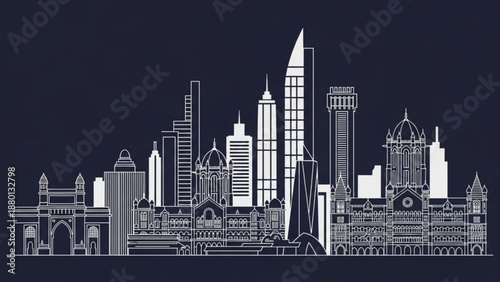 City skyline with modern and historic buildings on dark background