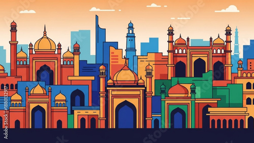 Vibrant illustration of a middle eastern cityscape with colorful buildings and architecture