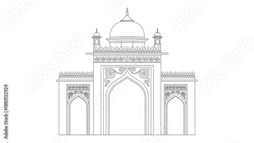 Intricate architectural drawing of a building with domes and archways in line art style