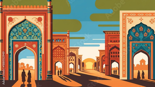 Vibrant illustration of a middle eastern city street with ornate arches and buildings under a blue sky with green clouds