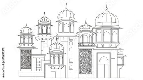 A detailed line drawing of an architectural building with multiple domes and towers