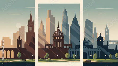 Collage of famous london landmarks in a modern cityscape setting with buildings and trees