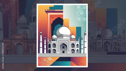 Vibrant illustration of the taj mahal with colorful geometric shapes and patterns in the background