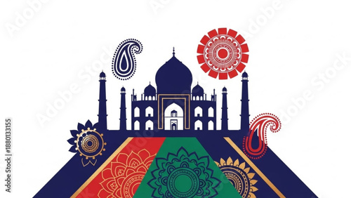 Vector illustration of colorful indian patterns and the taj mahal monument