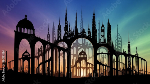 Silhouette of a fantasy castle with spires and arches at sunset with colorful sky