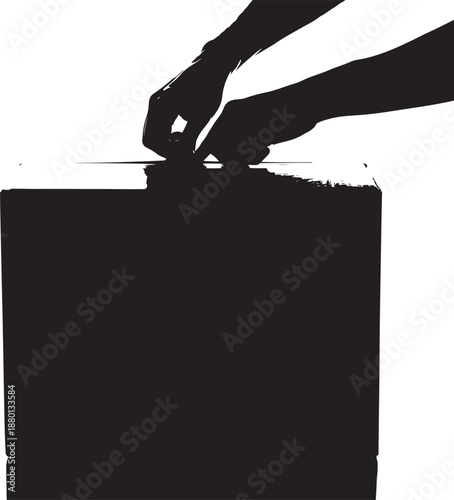 Silhouette of hands opening or sealing a cardboard box or parcel package