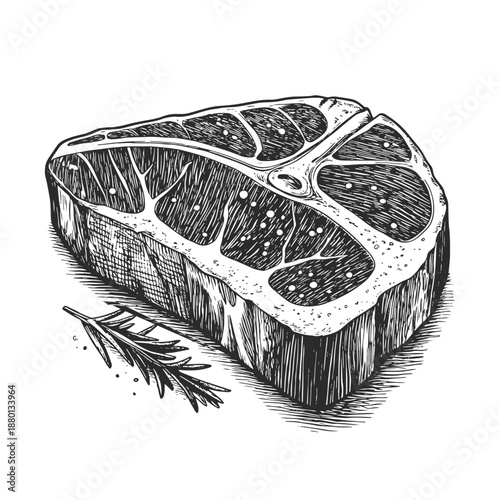 Vintage engraved steak vector illustration with rosemary in black and white. Hand-drawn meat cut in classic engraving style, ideal for steakhouse menus, grill packaging, butcher branding and food.
