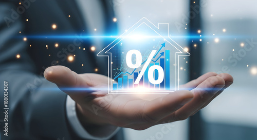 Person holding a virtual house icon with rising percentage symbol indicating increasing interest rates concept.