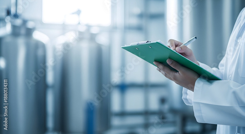Laboratory technician in white lab coat writing on clipboard in industrial facility with large metal equipment.