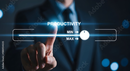 Businessman in suit adjusts productivity level on virtual slider from minimum to maximum with finger
