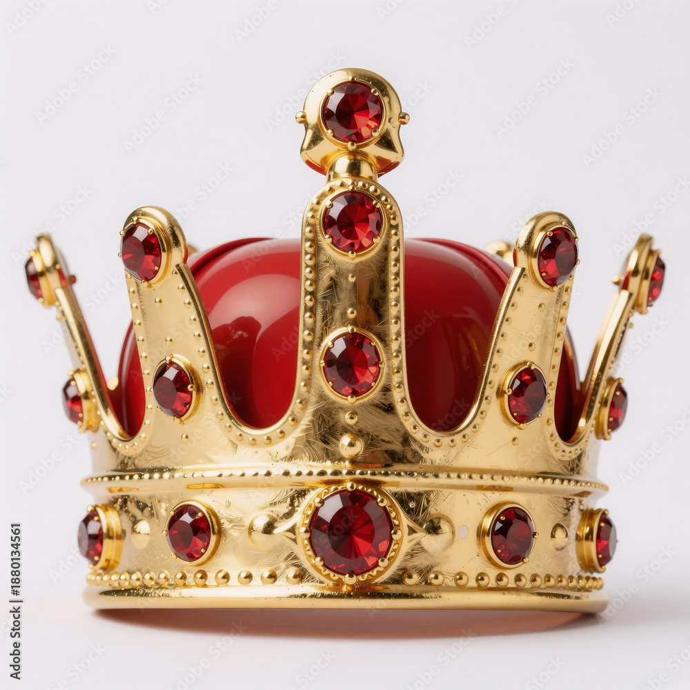 Fototapeta premium Gold crown with red jewels isolated on white background (Cartoon, Vibrant)