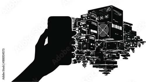 Hand holding smartphone with cityscape and digital data visualization emerging from screen in black and white