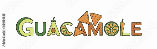 Creamy guacamole word graphic with avocado and nachos