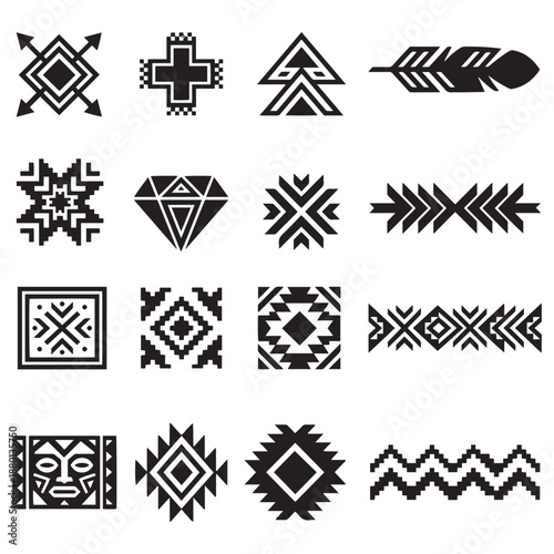 Abstract Geometric Tribal Pattern Icons in Minimalist Vector Style.