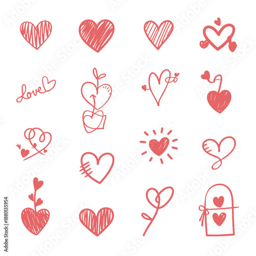 Hand Drawn Heart Doodle Icons Set Red Love Sketch Valentine Vector