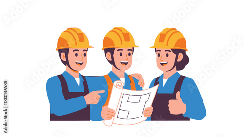 Three construction workers in hard hats looking at a blueprint together