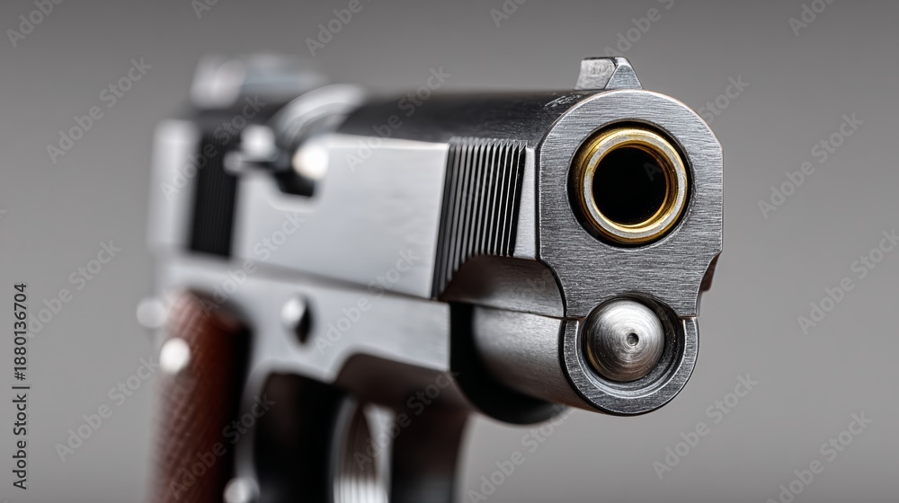 Obraz premium A close up of a gun with a brown grip. The gun is pointed at the camera. Concept of danger and power