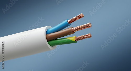 Closeup of four color-coded electrical wires inside a white cable color-coded wires blue wire