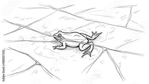 Frog under cracked ice in frozen pond pencil illustration for scientific education and winter ecology studies