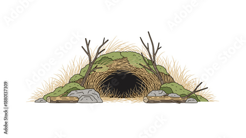 Cozy animal den entrance in grassy ground illustration for wildlife education nature concepts and habitat design
