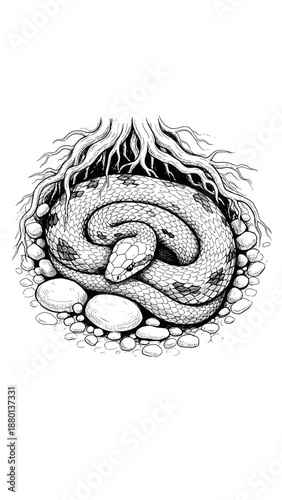 Snake curled up in winter den underground illustration for wildlife education biology textbooks and nature conservation