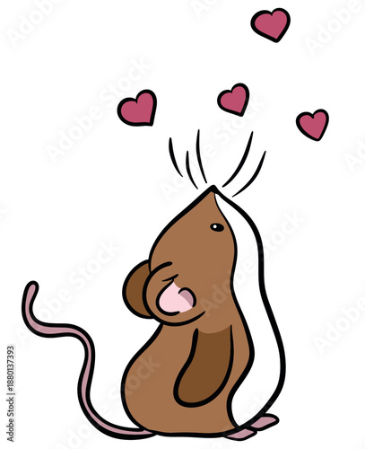 Cute brown mouse looking up at pink hearts
